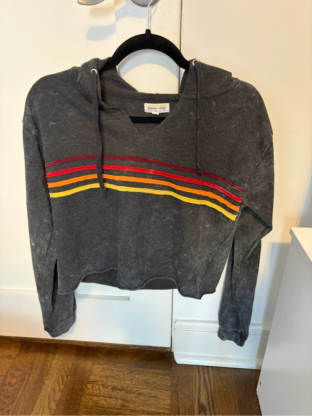 Bloom & Sky Charcoal Crewneck Sweater with Red and Yellow Stripes